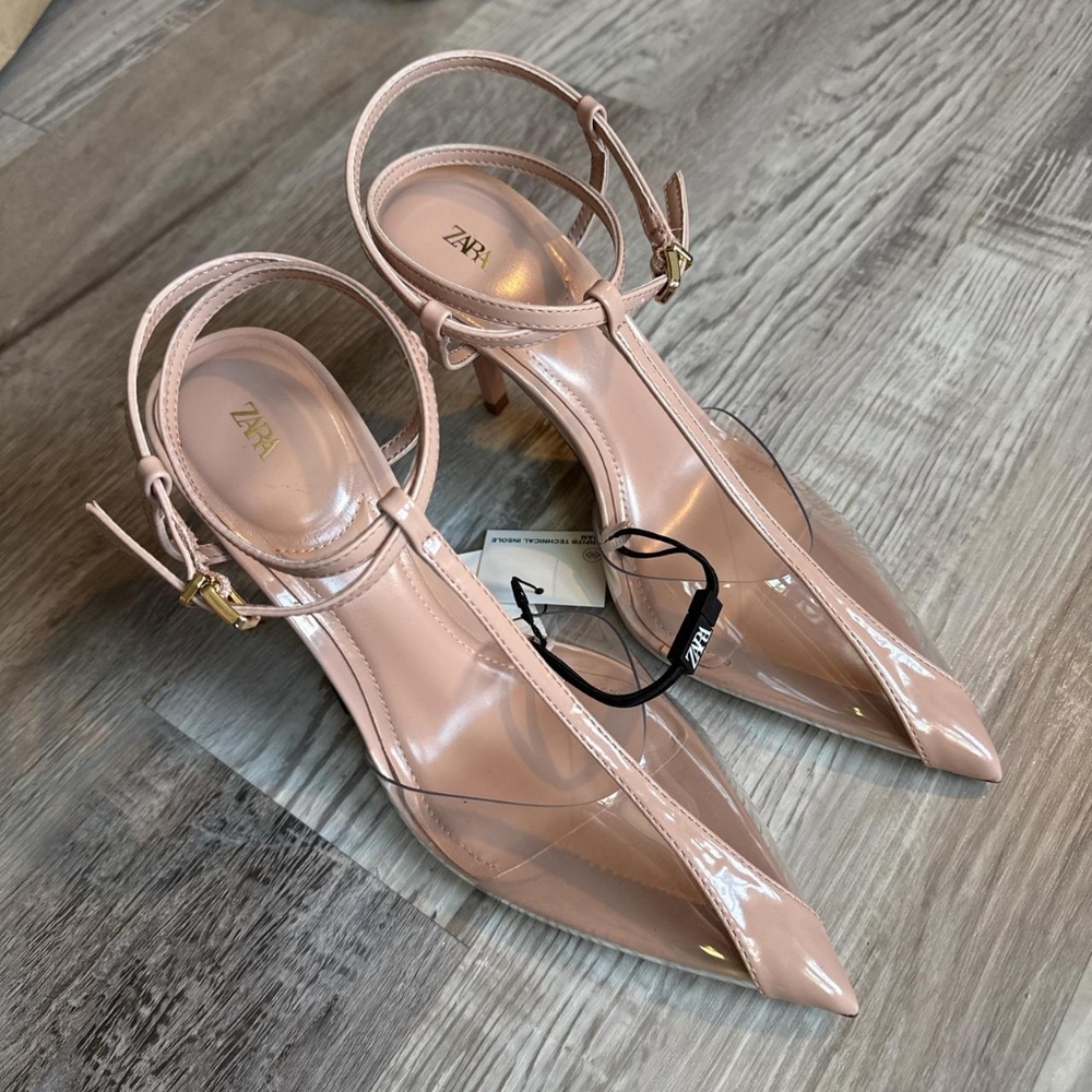 Zara Pink and Tan Vinyl Stiletto Pointed Toe Slingback Heels